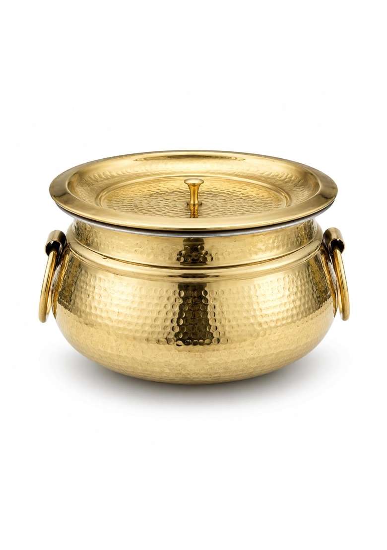 SHIV SHAKTI ARTS Brass Mughlai Deg Handi with Lid and Ring Handles | 3.5 L | 3.7 Qt | Heavy Bottom | Hammered Finish - Indya