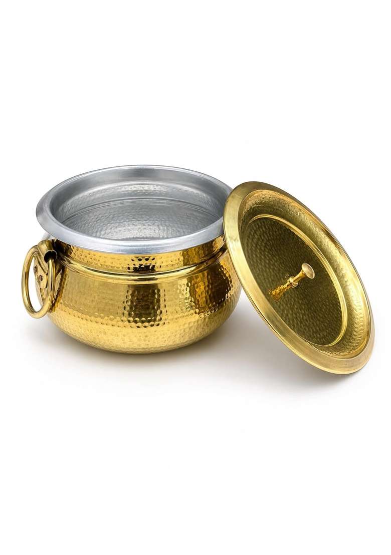 SHIV SHAKTI ARTS Brass Mughlai Deg Handi with Lid and Ring Handles | 3.5 L | 3.7 Qt | Heavy Bottom | Hammered Finish - Indya