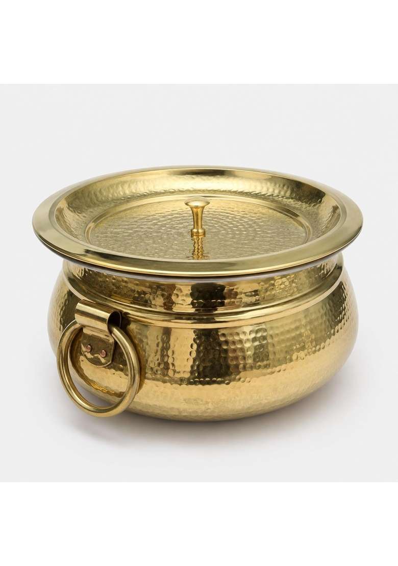 SHIV SHAKTI ARTS Brass Mughlai Deg Handi with Lid and Ring Handles | 3.5 L | 3.7 Qt | Heavy Bottom | Hammered Finish - Indya