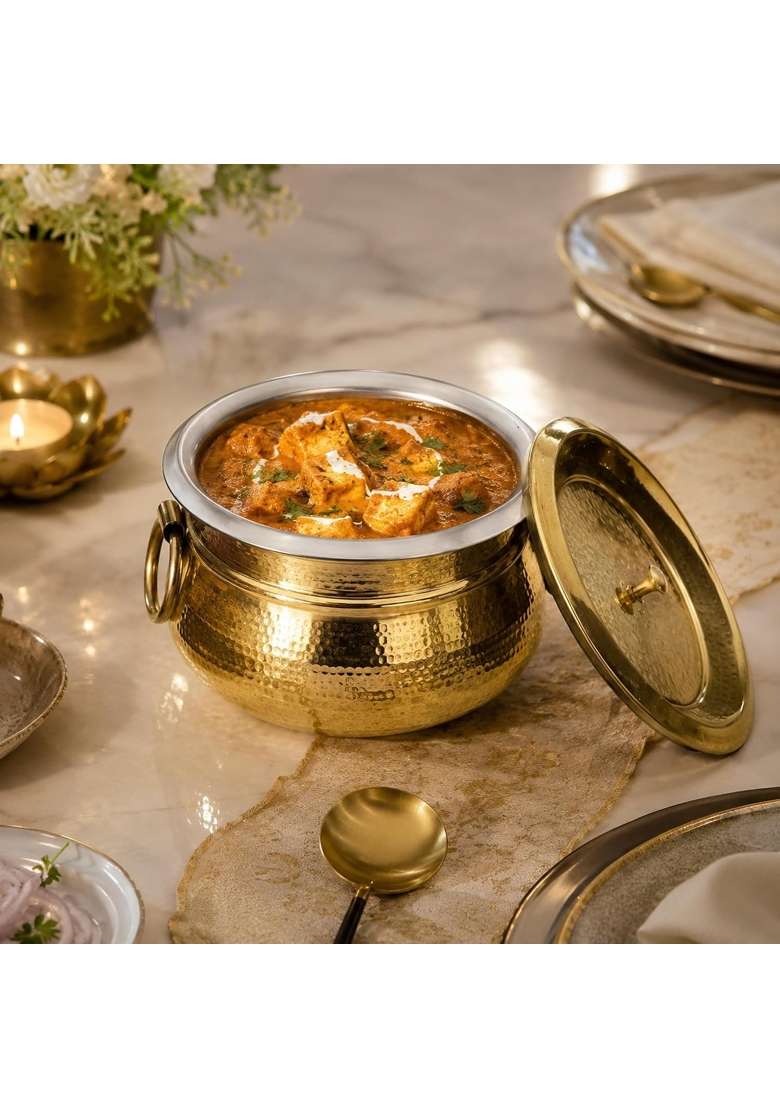 SHIV SHAKTI ARTS Brass Mughlai Deg Handi with Lid and Ring Handles | 3.5 L | 3.7 Qt | Heavy Bottom | Hammered Finish - Indya