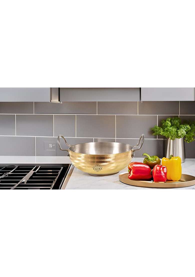 Taluka With T Logo Taluka Heavy Weight Pure Brass Kadai Wok for Cooking Teflon Free Non Stick | 2.5 L | 2.6 Qt | 3 Inch | Handcrafted - Indya
