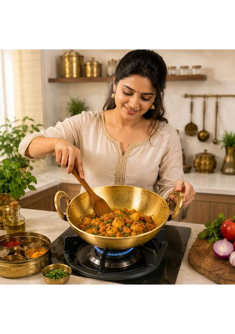 Pure Source India Pure Brass Kadhai Wok with Designer Handles | 2.5 L | 2.6 Qt | Handcrafted - Indya