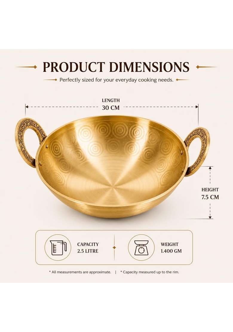Pure Source India Pure Brass Kadhai Wok with Designer Handles | 2.5 L | 2.6 Qt | Handcrafted - Indya