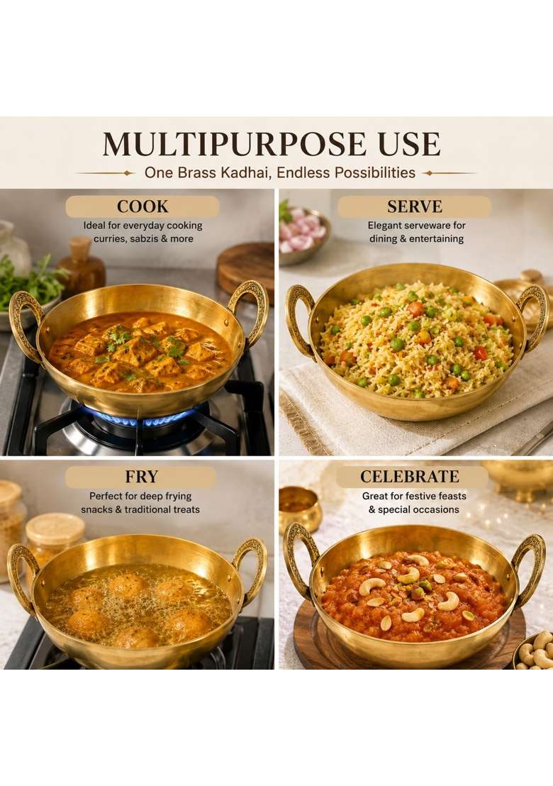 Pure Source India Pure Brass Kadhai Wok with Designer Handles | 2.5 L | 2.6 Qt | Handcrafted - Indya