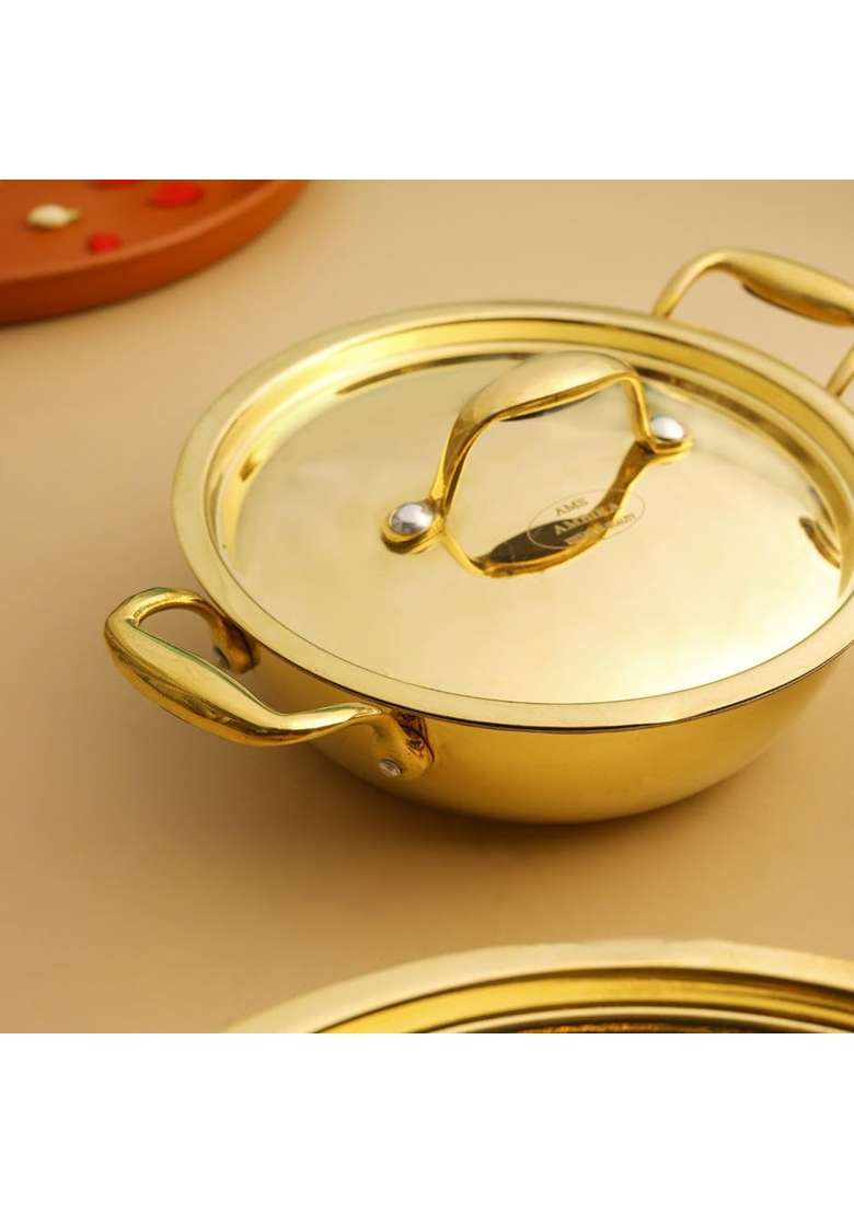 PTAL NAGRI 101 Premium Brass Kadai | 10 Inch | Tin Lined Kalai | Non-Stick | Hammered Finish | With Lid - Indya
