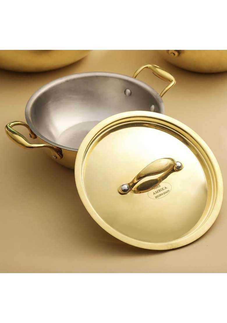 PTAL NAGRI 101 Premium Brass Kadai | 10 Inch | Tin Lined Kalai | Non-Stick | Hammered Finish | With Lid - Indya