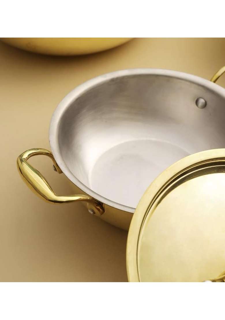PTAL NAGRI 101 Premium Brass Kadai | 10 Inch | Tin Lined Kalai | Non-Stick | Hammered Finish | With Lid - Indya