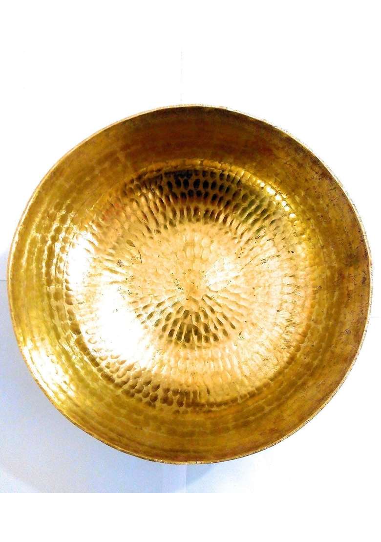 Karmbhumi Brass Hammered Kadhai Wok Pital Kadai Without Handle Karahi Frying Pan for Cooking | 2000 ml | 67.6 fl oz - Indya