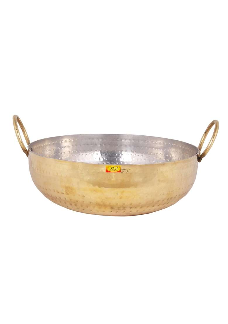 SHIV SHAKTI ARTS Brass Classic Kadhai Wok with Brass Handle and Inner Kalai Tin Plated | 1.5 L | 1.6 Qt - Indya