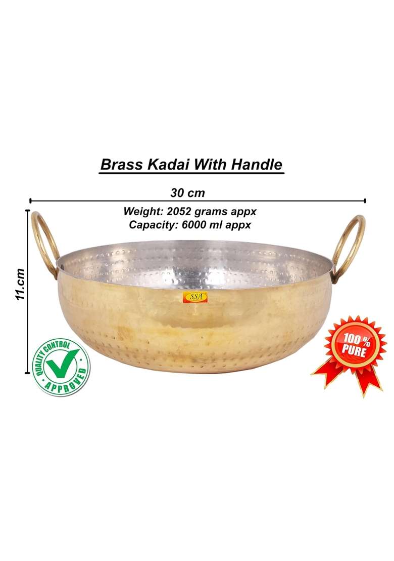 SHIV SHAKTI ARTS Brass Classic Kadhai Wok with Brass Handle and Inner Kalai Tin Plated | 1.5 L | 1.6 Qt - Indya