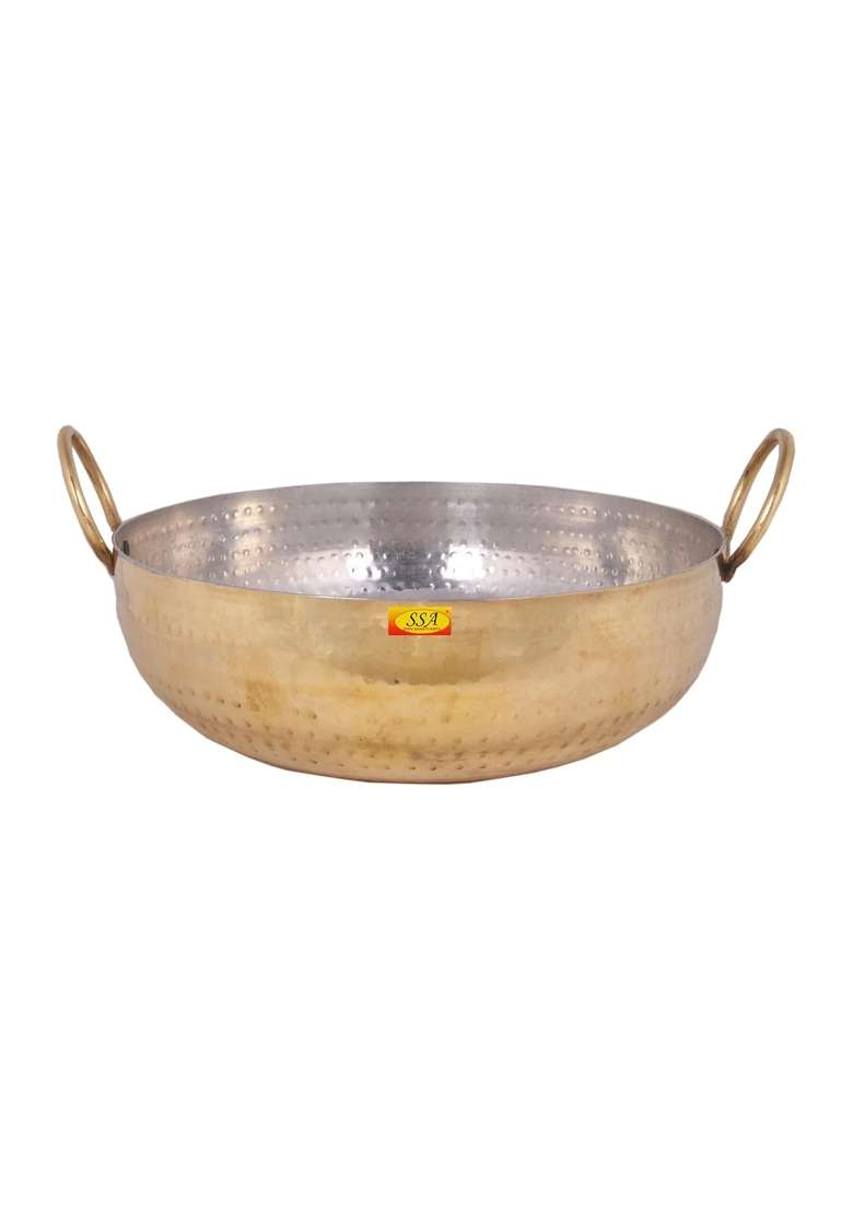 SHIV SHAKTI ARTS Brass Classic Kadhai Wok with Brass Handle and Inner Kalai Tin Plated | 1.5 L | 1.6 Qt - Indya