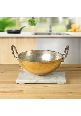 PTAL NAGRI Pure Brass Kadhai Wok for Cooking | 2.5 L | 2.6 Qt | Non-Toxic | Tin Lined Kalai | Handcrafted | Hammered Finish