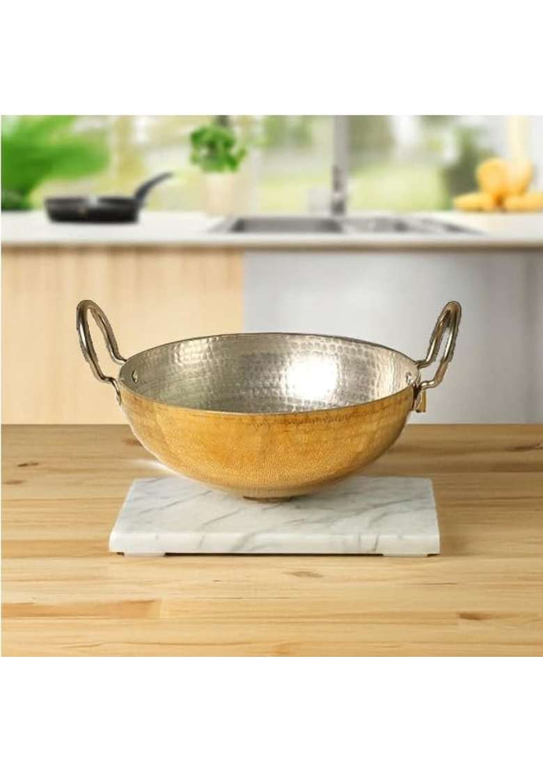 PTAL NAGRI Pure Brass Kadhai Wok for Cooking | 2.5 L | 2.6 Qt | Non-Toxic | Tin Lined Kalai | Handcrafted | Hammered Finish - Indya