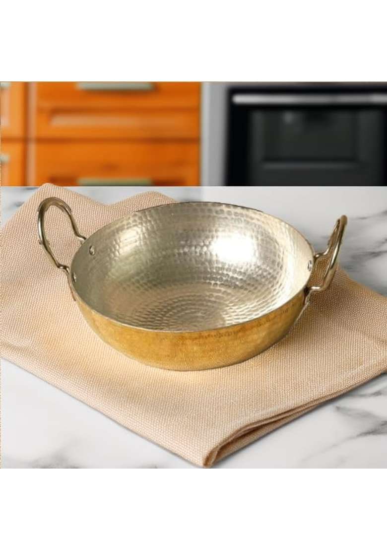 PTAL NAGRI Pure Brass Kadhai Wok for Cooking | 2.5 L | 2.6 Qt | Non-Toxic | Tin Lined Kalai | Handcrafted | Hammered Finish - Indya