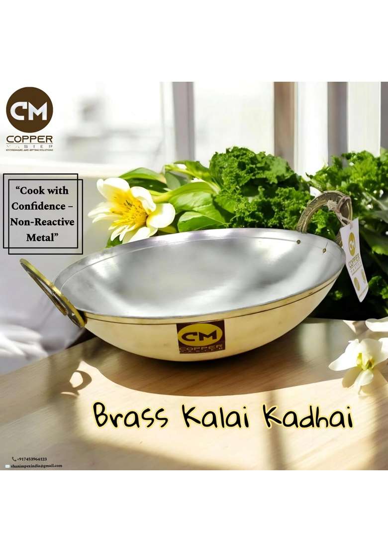 Copper-Master Pure Brass Heavy Weight Kadhai Wok Tin Coated for Cooking Food Veg or Non-Veg | 2000 ml | 67.6 fl oz | Tin Lined Kalai - Indya