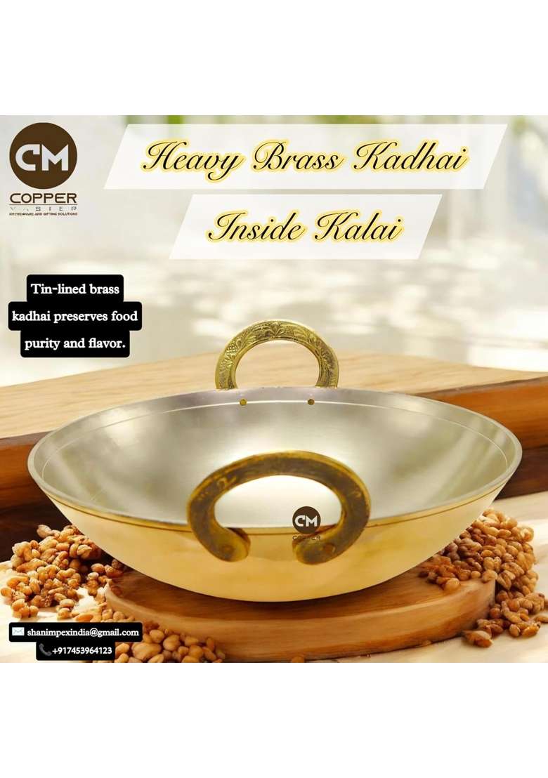 Copper-Master Pure Brass Heavy Weight Kadhai Wok Tin Coated for Cooking Food Veg or Non-Veg | 2000 ml | 67.6 fl oz | Tin Lined Kalai - Indya