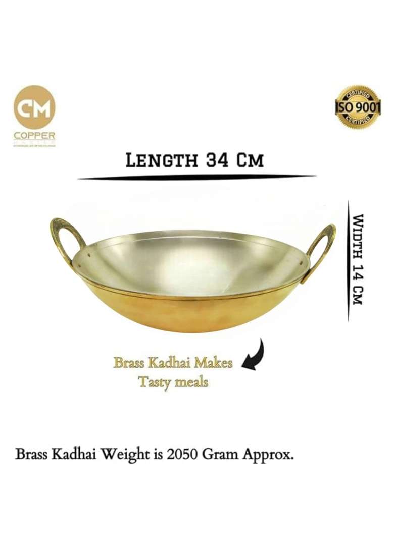 Copper-Master Pure Brass Heavy Weight Kadhai Wok Tin Coated for Cooking Food Veg or Non-Veg | 2000 ml | 67.6 fl oz | Tin Lined Kalai - Indya