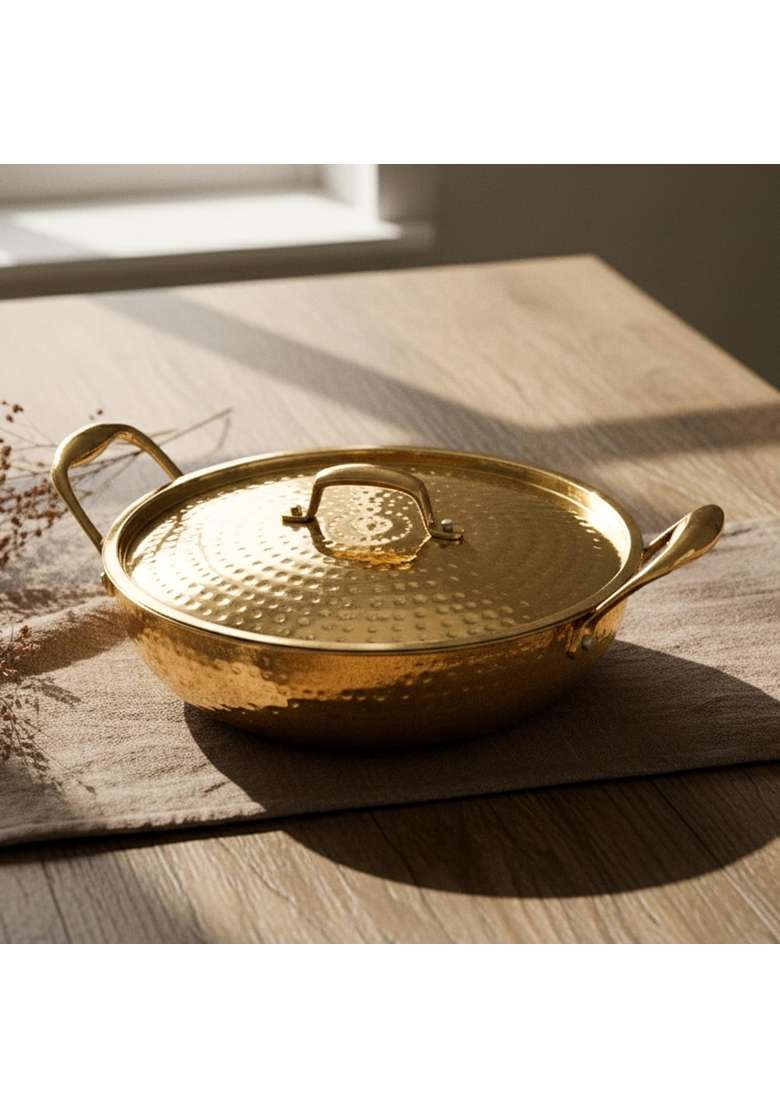 Artarium Pure Brass Kadai Wok Traditional Cookware Tin Coated Pital Kadhai | 2.5 L | 2.6 Qt | Tin Lined Kalai | Handcrafted - Indya