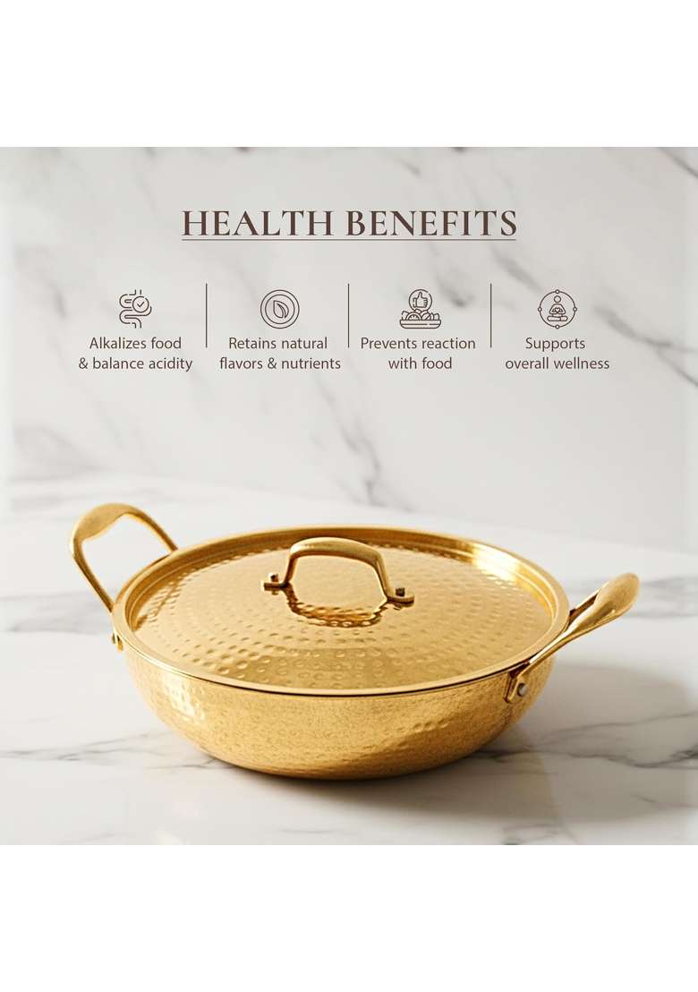 Artarium Pure Brass Kadai Wok Traditional Cookware Tin Coated Pital Kadhai | 2.5 L | 2.6 Qt | Tin Lined Kalai | Handcrafted - Indya
