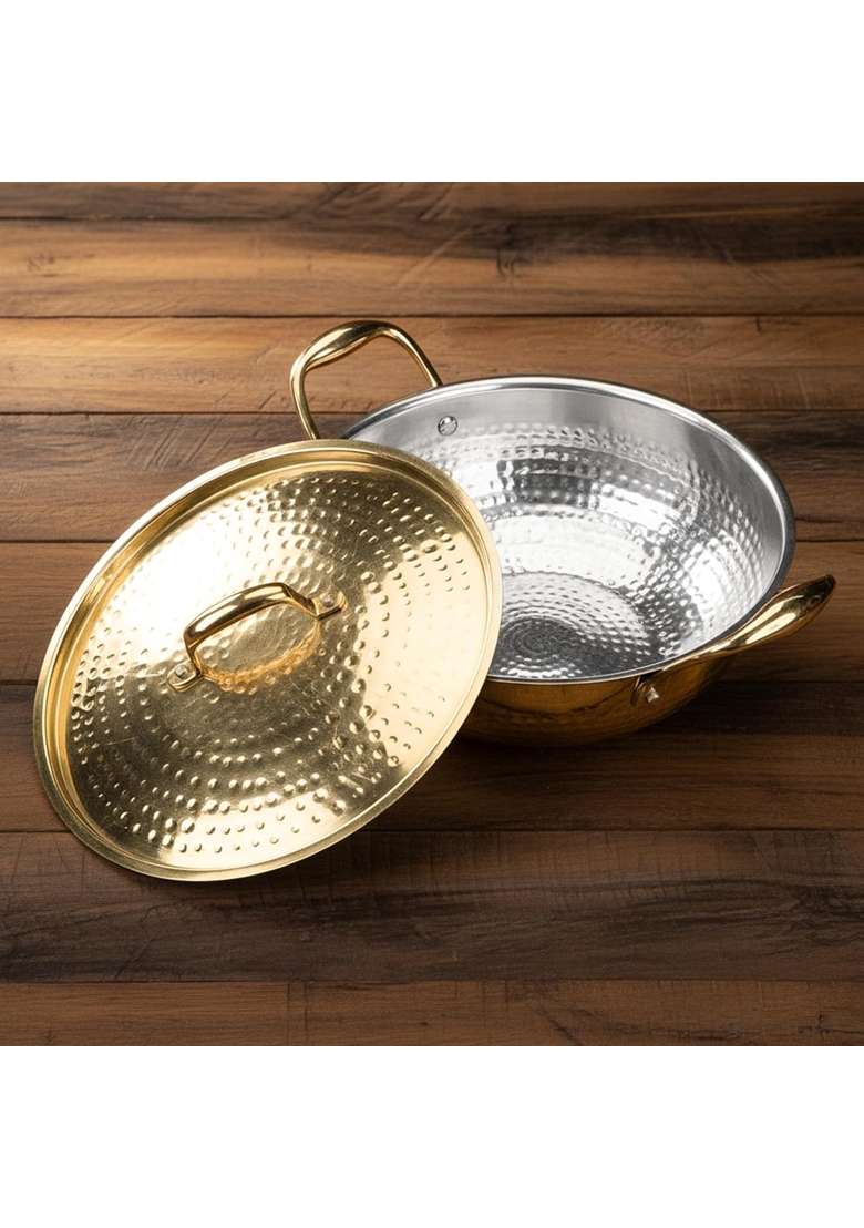 Artarium Pure Brass Kadai Wok Traditional Cookware Tin Coated Pital Kadhai | 2.5 L | 2.6 Qt | Tin Lined Kalai | Handcrafted - Indya