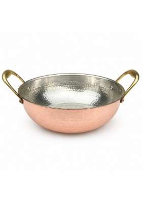 SHIV SHAKTI ARTS Pure Copper Kadai Wok with Inside Tin Kalai Lining and Brass Handles | 2.5 L | 2.6 Qt | Hammered Finish
