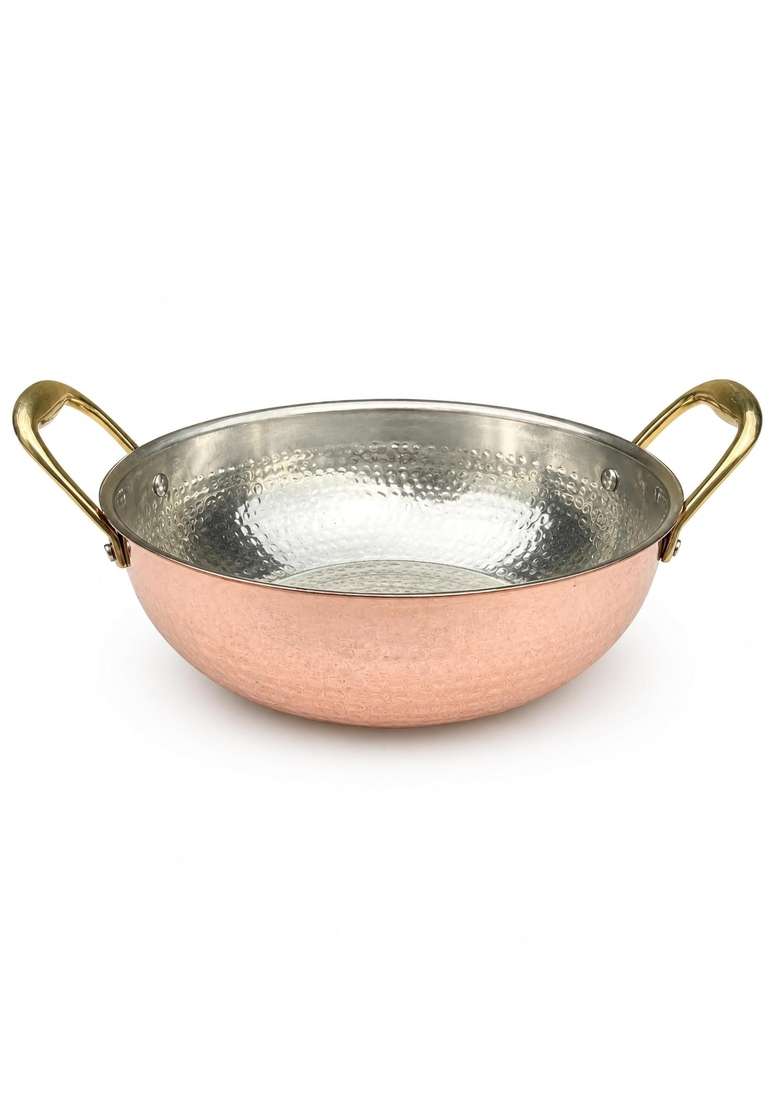 SHIV SHAKTI ARTS Pure Copper Kadai Wok with Inside Tin Kalai Lining and Brass Handles | 2.5 L | 2.6 Qt | Hammered Finish - Indya