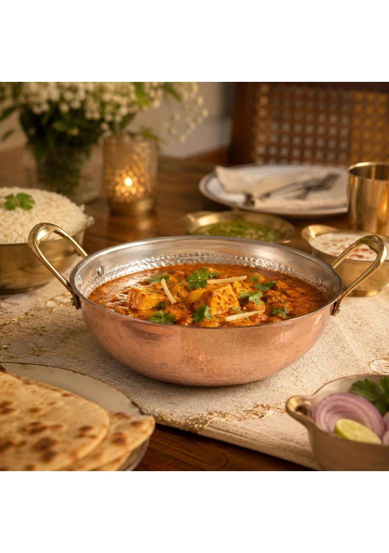 SHIV SHAKTI ARTS Pure Copper Kadai Wok with Inside Tin Kalai Lining and Brass Handles | 2.5 L | 2.6 Qt | Hammered Finish - Indya