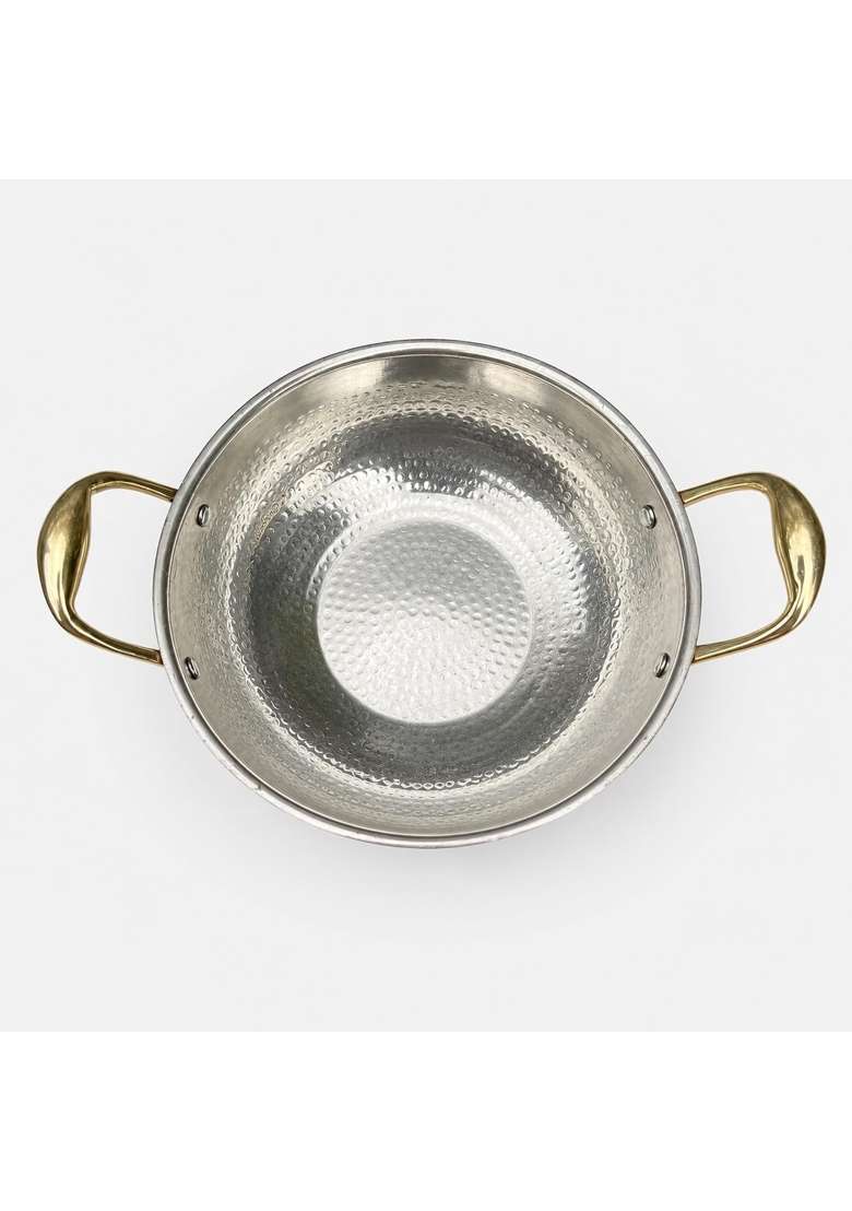 SHIV SHAKTI ARTS Pure Copper Kadai Wok with Inside Tin Kalai Lining and Brass Handles | 2.5 L | 2.6 Qt | Hammered Finish - Indya