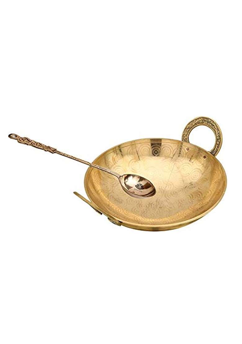 Karmbhumi Brass Pital Heavy Weight Serving Kadhai Wok Cookware with Embossed Brass Spoon | 2500 ml | 84.5 fl oz - Indya