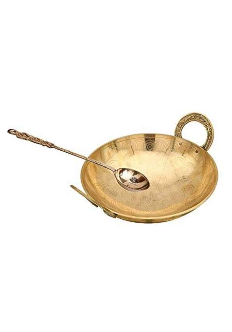 Karmbhumi Brass Pital Heavy Weight Serving Kadhai Wok Cookware with Embossed Brass Spoon | 2500 ml | 84.5 fl oz