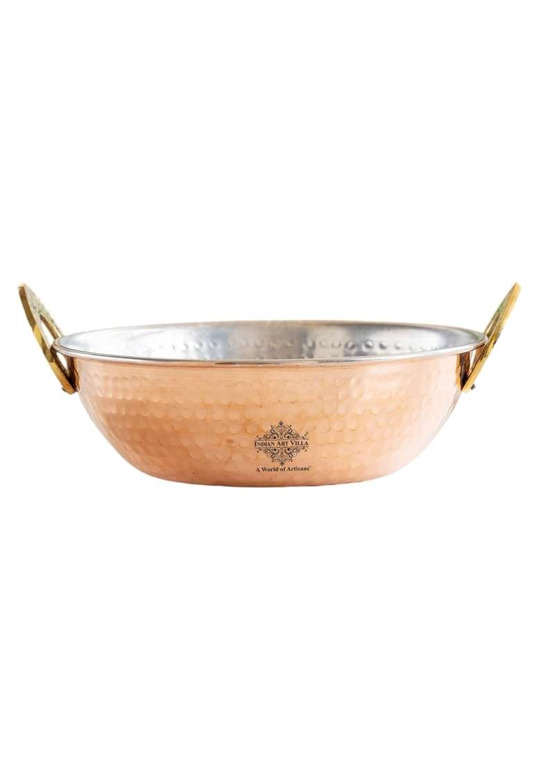 INDIAN ART VILLA Copper Kadai Wok with Tin Lining | 1 L | 1.1 Qt | 7 Inch | Hammered Finish - Indya