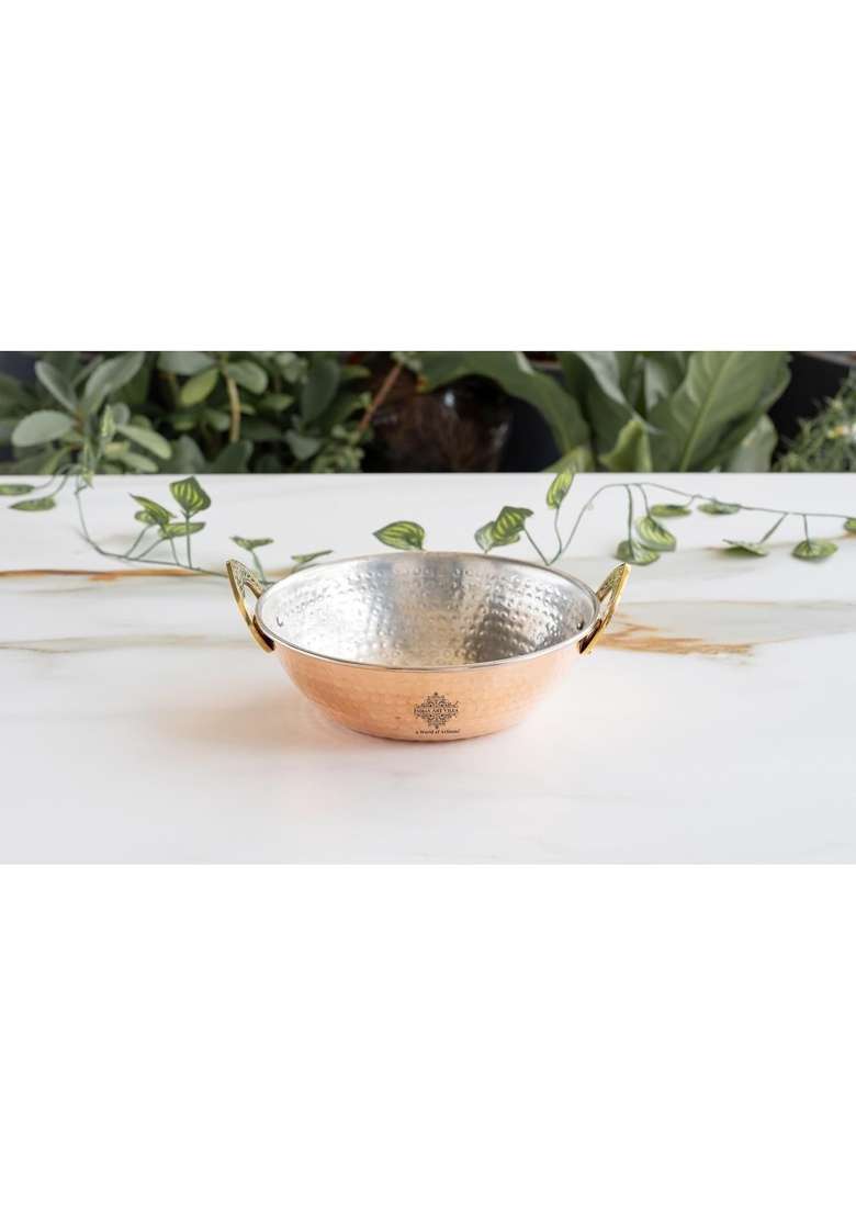 INDIAN ART VILLA Copper Kadai Wok with Tin Lining | 1 L | 1.1 Qt | 7 Inch | Hammered Finish - Indya