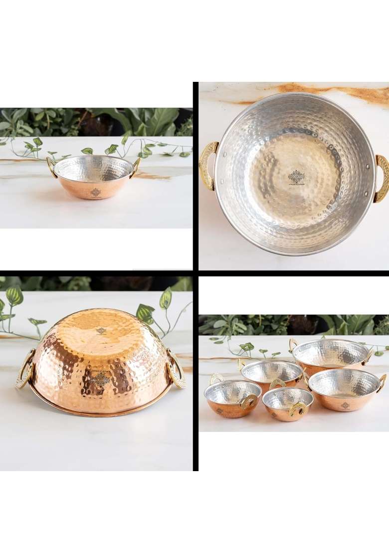 INDIAN ART VILLA Copper Kadai Wok with Tin Lining | 1 L | 1.1 Qt | 7 Inch | Hammered Finish - Indya