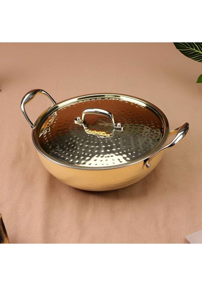 NUTRION Brass Kadhai Wok with Lid and Insulated Heat-Resistant Handle | 3 L | 3.2 Qt | Non-Toxic | Tin Lined Kalai | Non-Stick - Indya