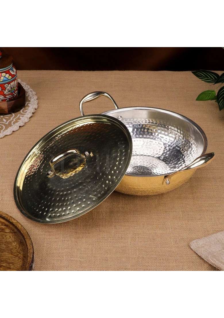NUTRION Brass Kadhai Wok with Lid and Insulated Heat-Resistant Handle | 3 L | 3.2 Qt | Non-Toxic | Tin Lined Kalai | Non-Stick - Indya