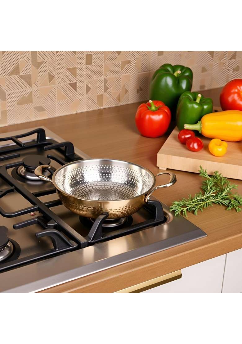 NUTRION Brass Kadhai Wok with Lid and Insulated Heat-Resistant Handle | 3 L | 3.2 Qt | Non-Toxic | Tin Lined Kalai | Non-Stick - Indya