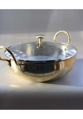 KITCHEN NEXT Pure Brass Kadhai Wok with Kalai with Handles Super Finish Kadhai with Glass | 2.5 L | 2.6 Qt | With Lid