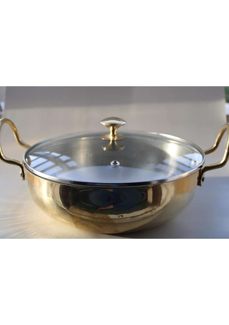 KITCHEN NEXT Pure Brass Kadhai Wok with Kalai with Handles Super Finish Kadhai with Glass | 2.5 L | 2.6 Qt | With Lid - Indya