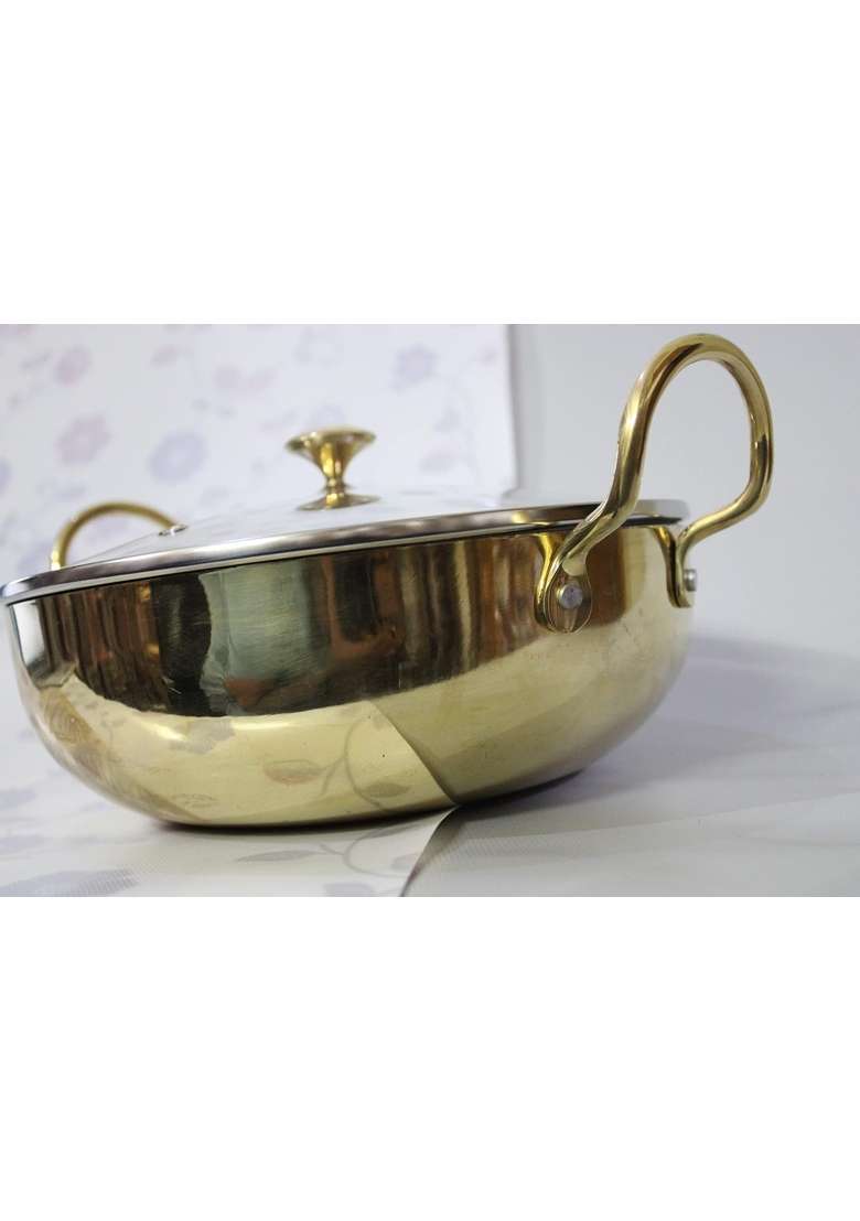 KITCHEN NEXT Pure Brass Kadhai Wok with Kalai with Handles Super Finish Kadhai with Glass | 2.5 L | 2.6 Qt | With Lid - Indya