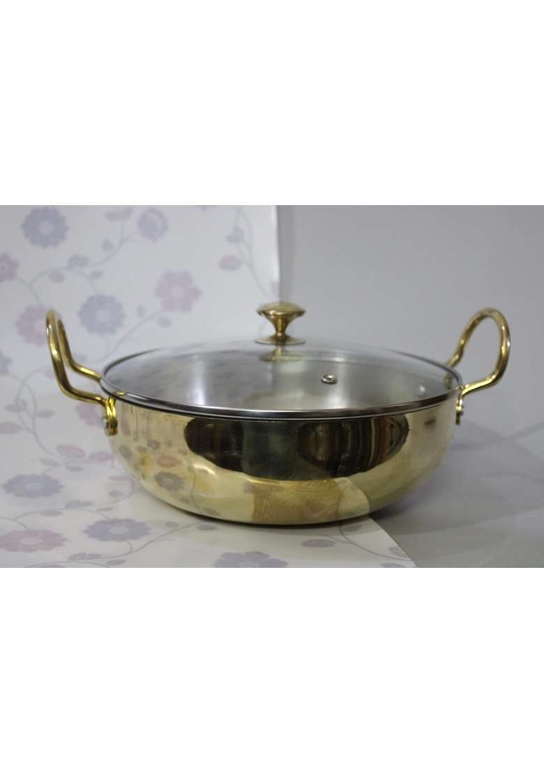 KITCHEN NEXT Pure Brass Kadhai Wok with Kalai with Handles Super Finish Kadhai with Glass | 2.5 L | 2.6 Qt | With Lid - Indya