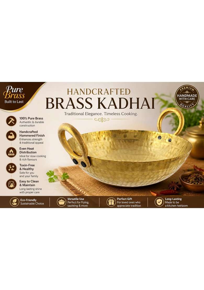 Yadav Craft Brass Pital Kadhai Wok Frying Pan with Handle | 3000 ml | 101.4 fl oz - Indya