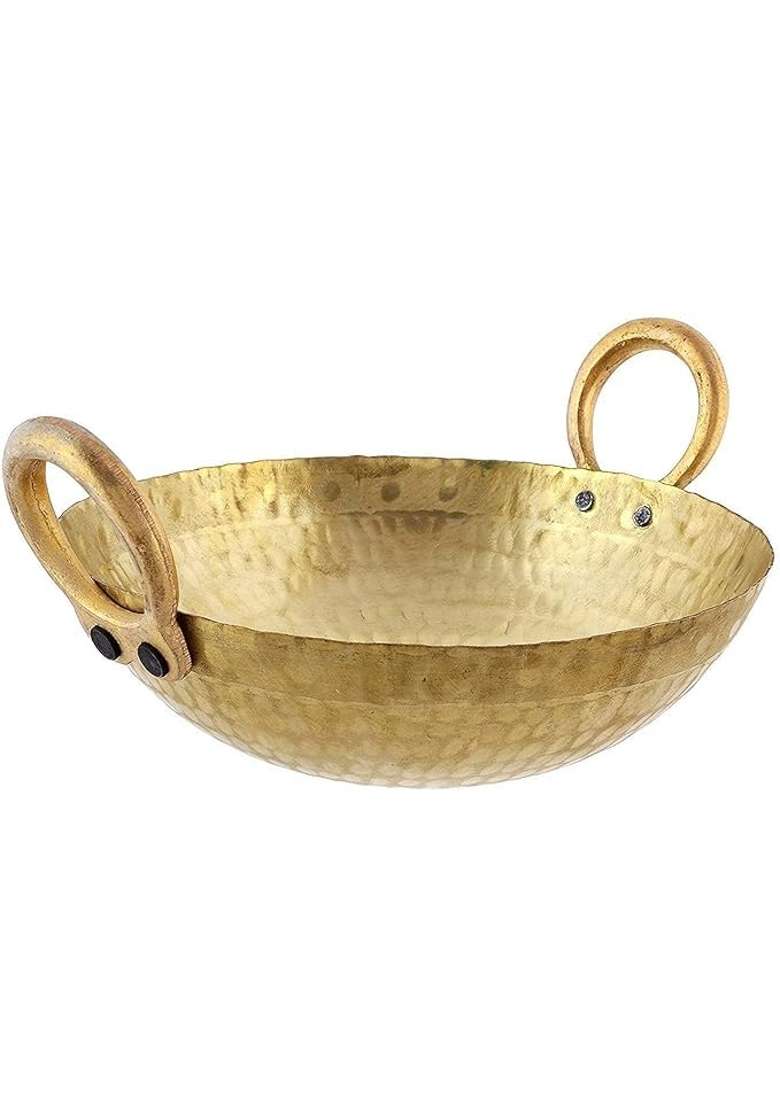 RewariCraft Brass Hammered Pital Kadai Wok with Handle Pack | 2000 ml | 67.6 fl oz - Indya