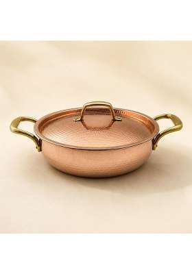 SHIV SHAKTI ARTS Copper Kadai Wok with Lid and Brass Handles | 2.5 L | 2.6 Qt | Hammered Finish