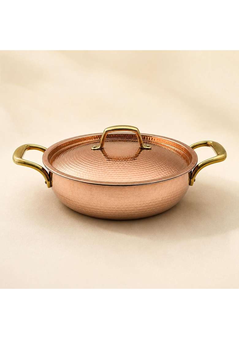 SHIV SHAKTI ARTS Copper Kadai Wok with Lid and Brass Handles | 2.5 L | 2.6 Qt | Hammered Finish - Indya