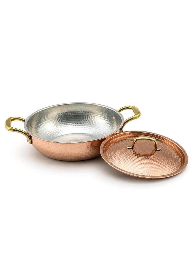 SHIV SHAKTI ARTS Copper Kadai Wok with Lid and Brass Handles | 2.5 L | 2.6 Qt | Hammered Finish - Indya
