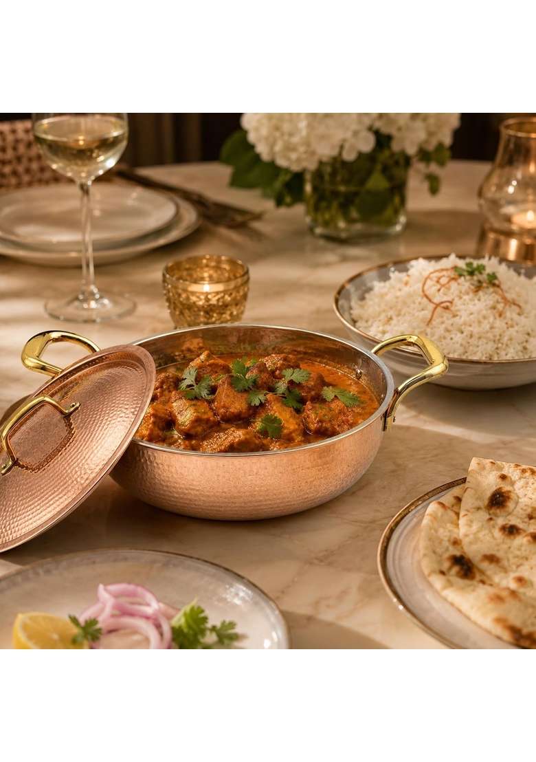 SHIV SHAKTI ARTS Copper Kadai Wok with Lid and Brass Handles | 2.5 L | 2.6 Qt | Hammered Finish - Indya