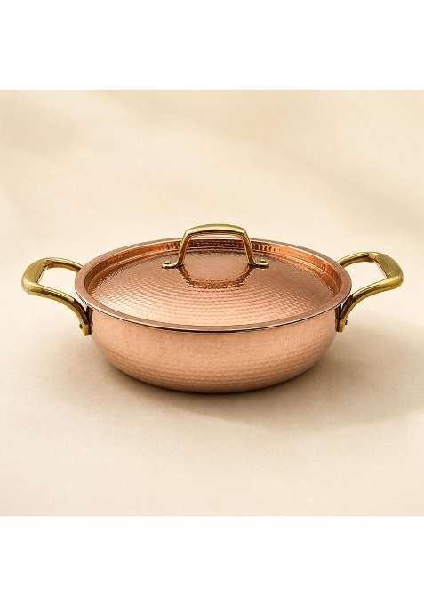 SHIV SHAKTI ARTS Copper Kadai Wok with Lid and Brass Handles | 2.5 L | 2.6 Qt | Hammered Finish