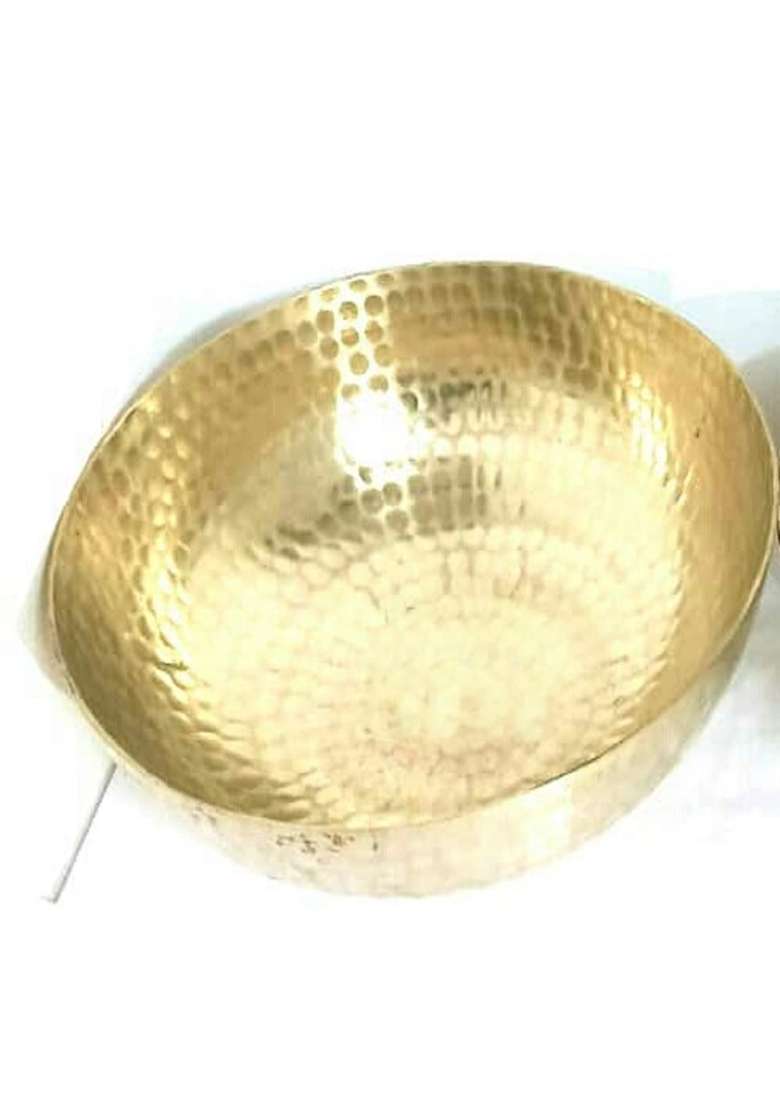 JGS Brass Kadhai Wok Without Handle | 2 L | 2.1 Qt | 25 cm | 9.8 Inch | Non-Toxic | Handcrafted | Hammered Finish - Indya