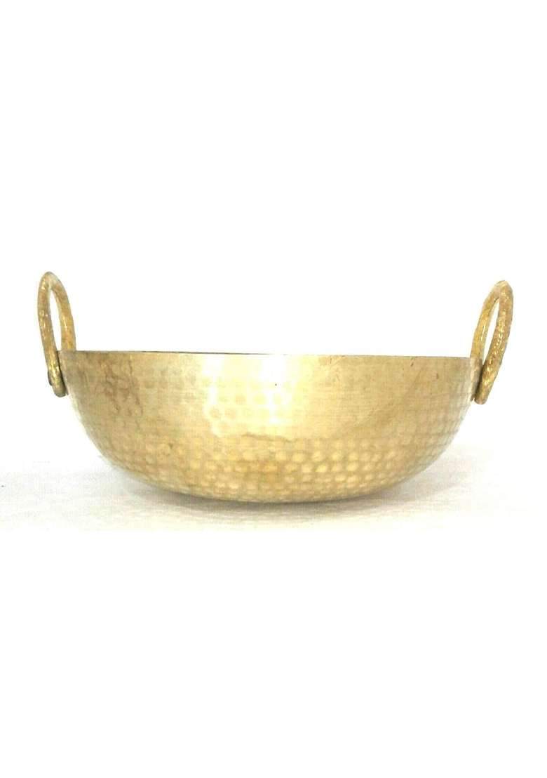 Karmbhumi Pure Brass Hand Made Heavy Kadai Wok for Cooking | 2000 ml | 67.6 fl oz | 3.5 Inch - Indya