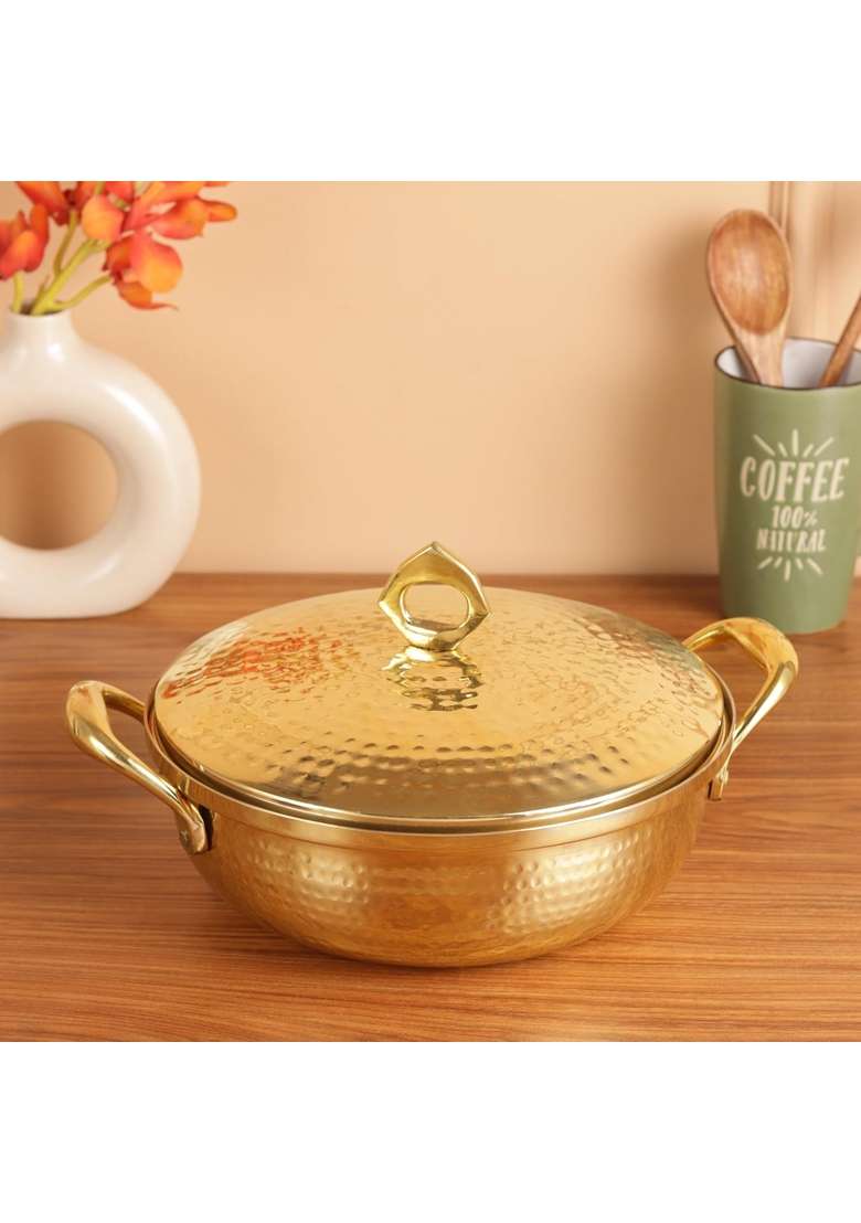 THE HEALING STORE Brass Kadhai Wok with Insulated Heat-Resistant Handle and Glass Lid | 3 L | 3.2 Qt | 25 cm | 9.8 Inch | Tin Lined Kalai - Indya